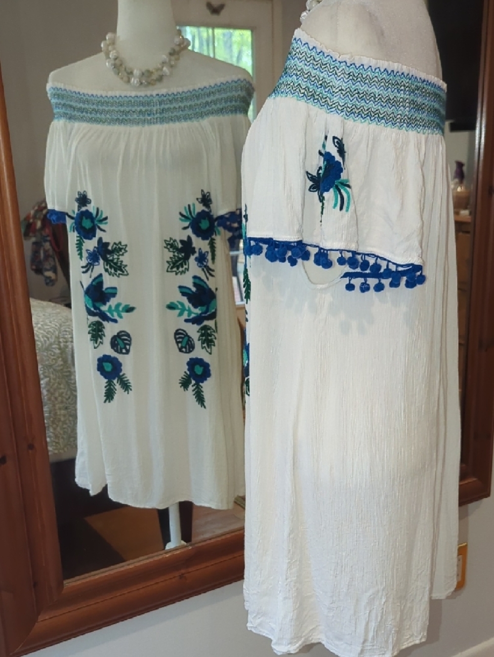 White Off-Shoulder Midi Dress with Blue & Green Embroidery - Picture 3 of 10